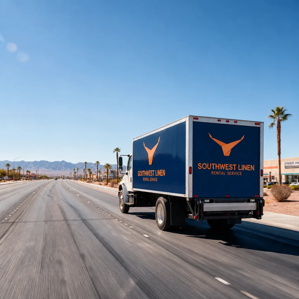 Rear view of a Southwest Linen delivery truck on its route