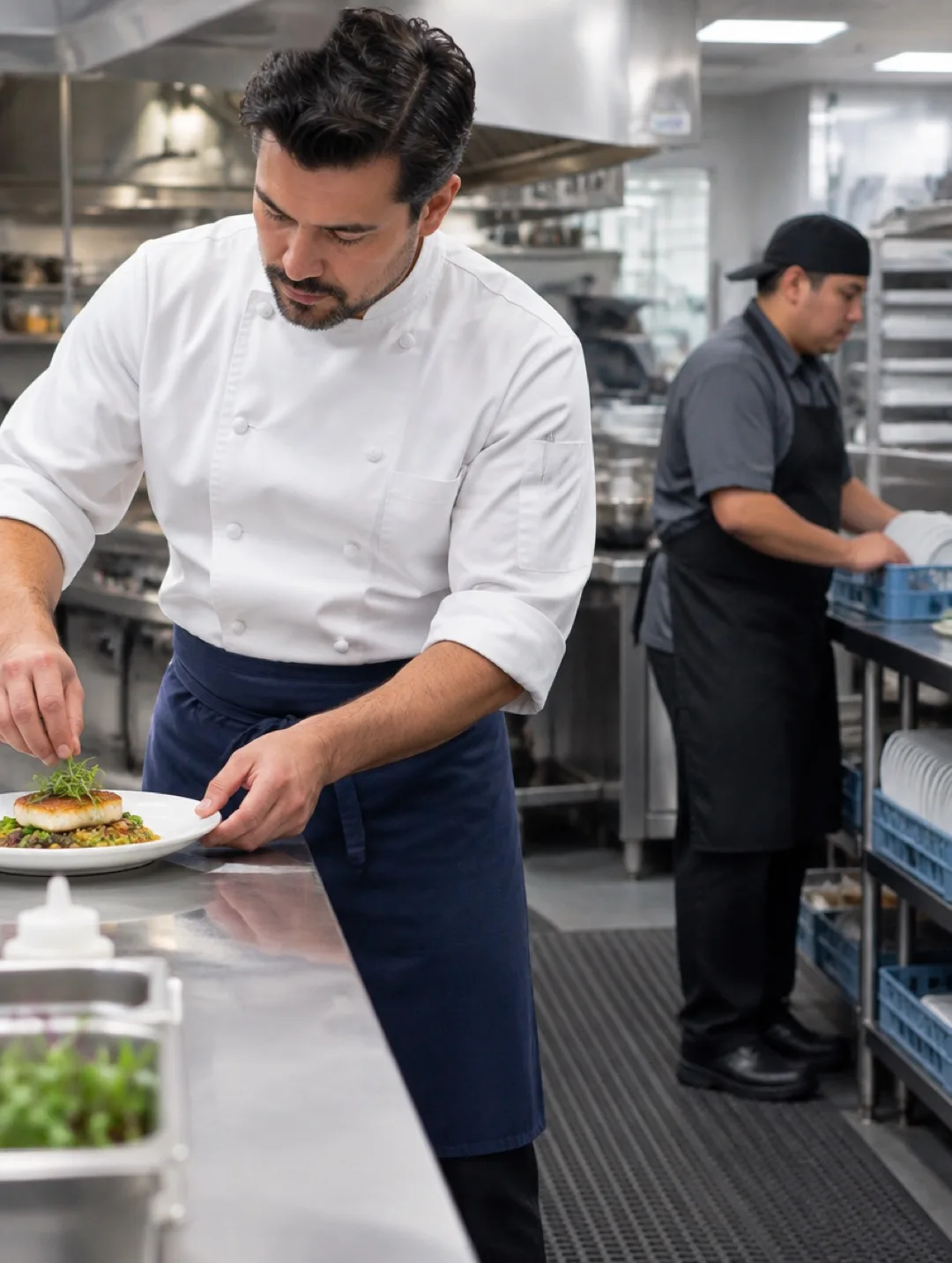 Culinary staff wearing chef apparel in a commercial kitchen