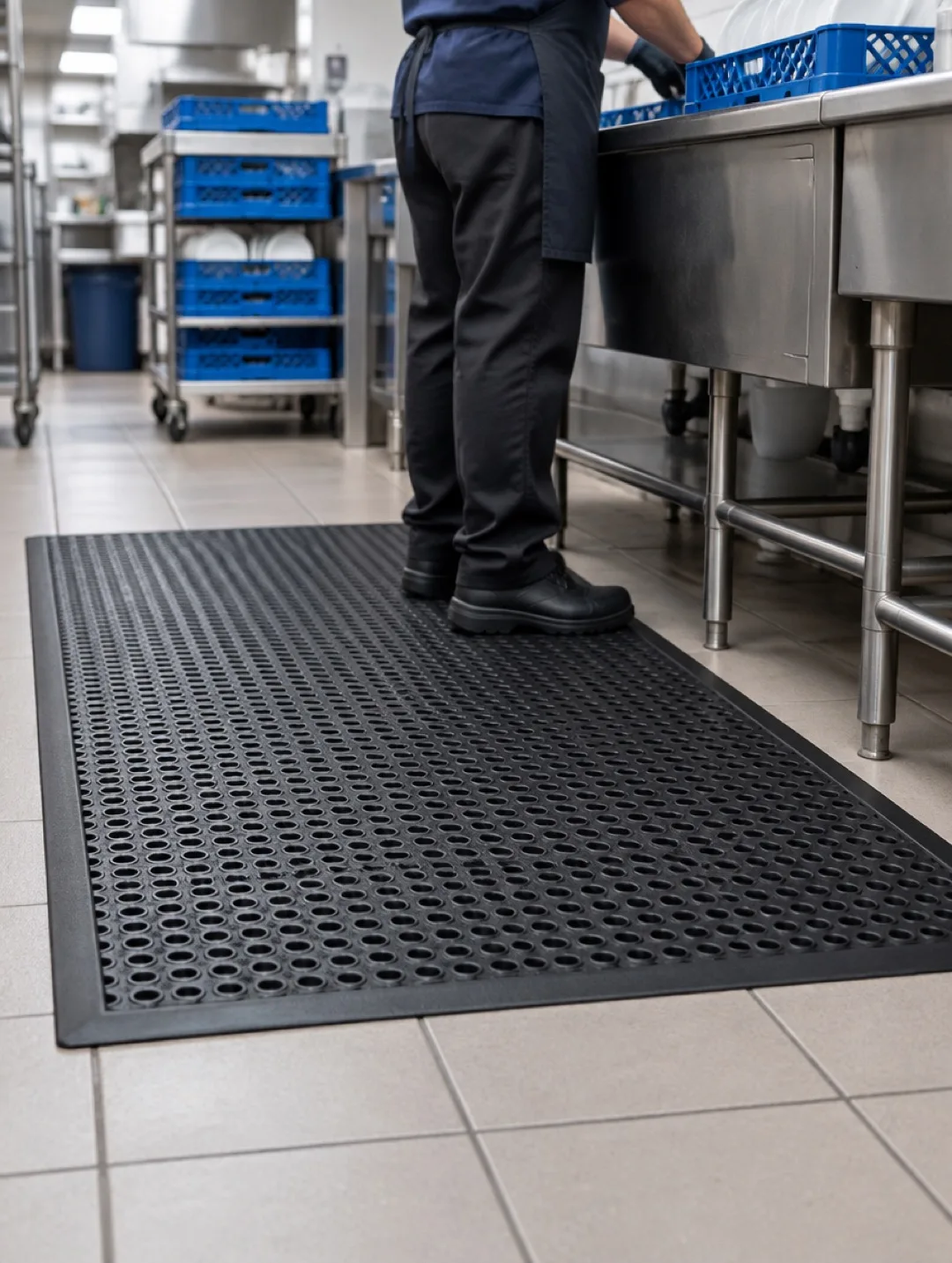 Rubber drainage mat in use at a commercial kitchen dish station