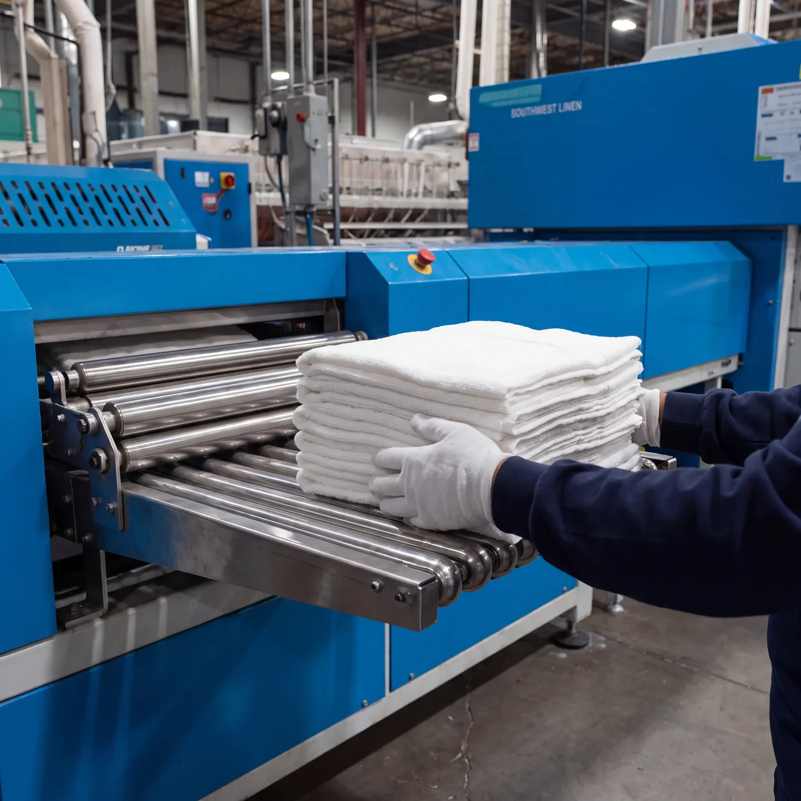 Clean white towels being handled at Southwest Linen's commercial finishing equipment